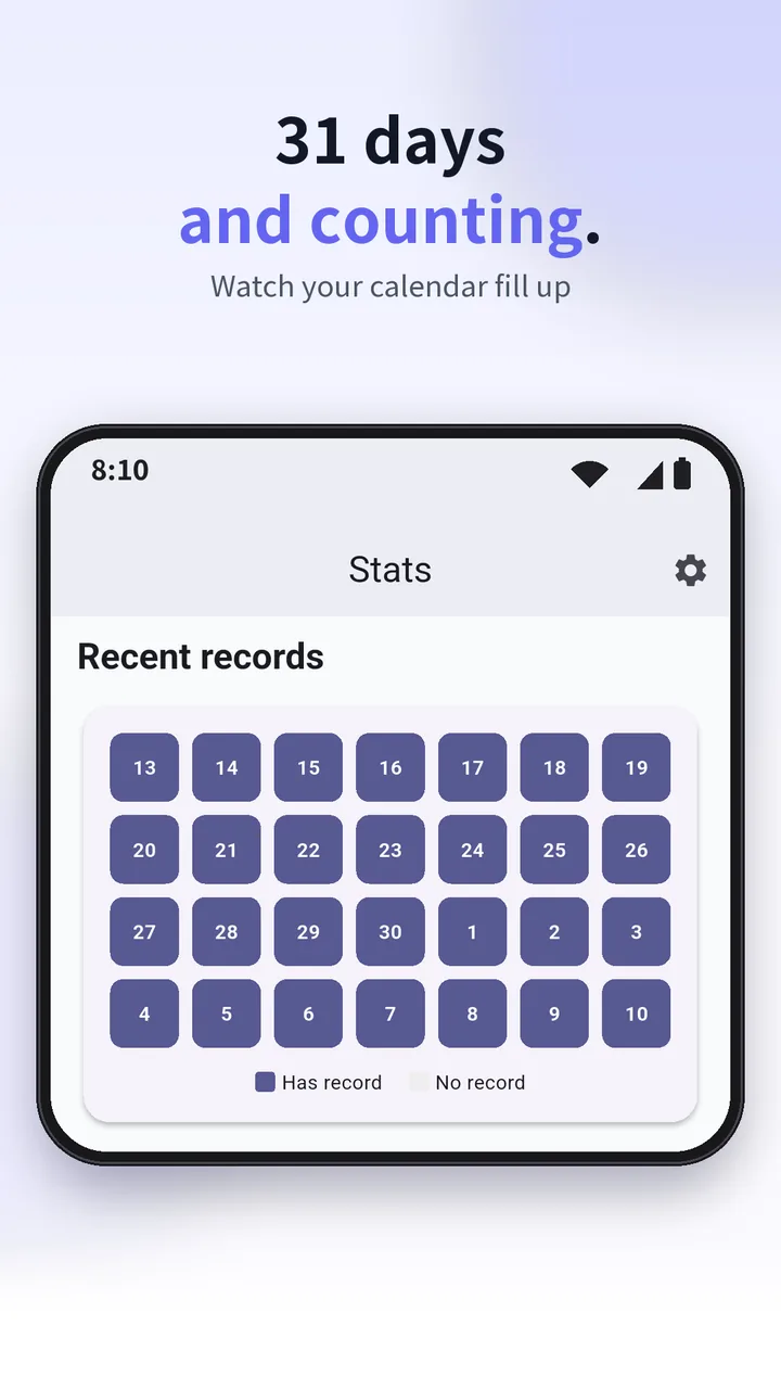 hairLogX stats screen with a calendar filled by 31 days of logs