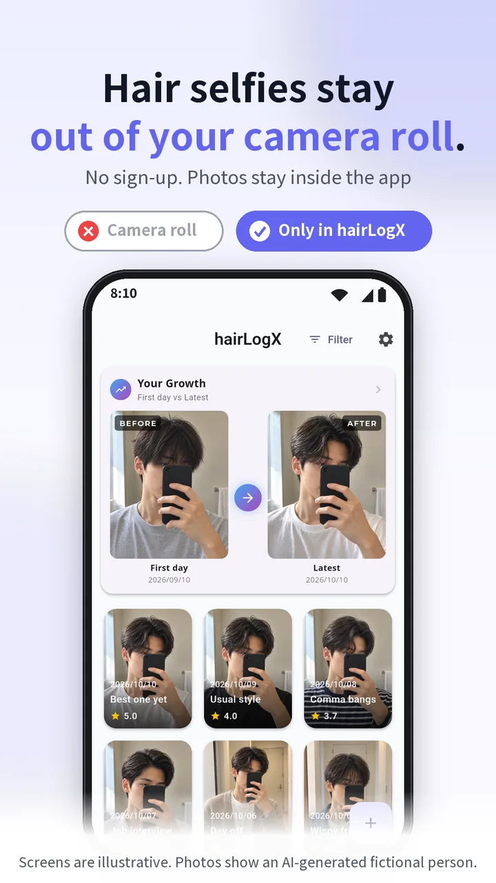 hairLogX home screen showing hair selfies kept inside the app, out of the camera roll